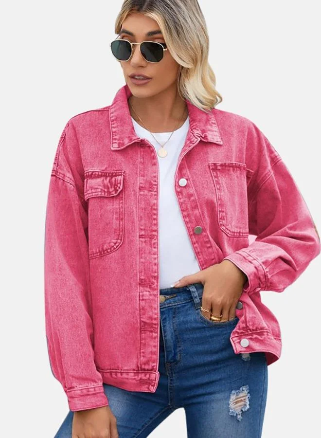 يونيكي Pink Collared Long Sleeve Denim Jacket
