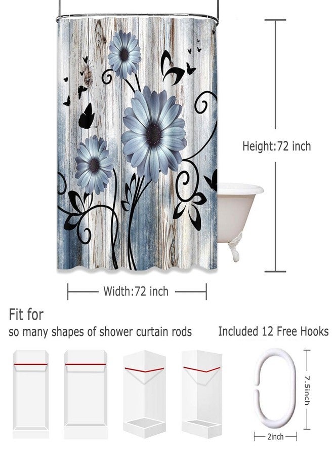 Emvency Shower Curtain Blue Grey Floral Rustic Farmhouse Wooden Boards Flower Butterfly Bathroom Home Decor Waterproof Polyester Fabric 72 x 72 inches Set with Hooks - Image 4