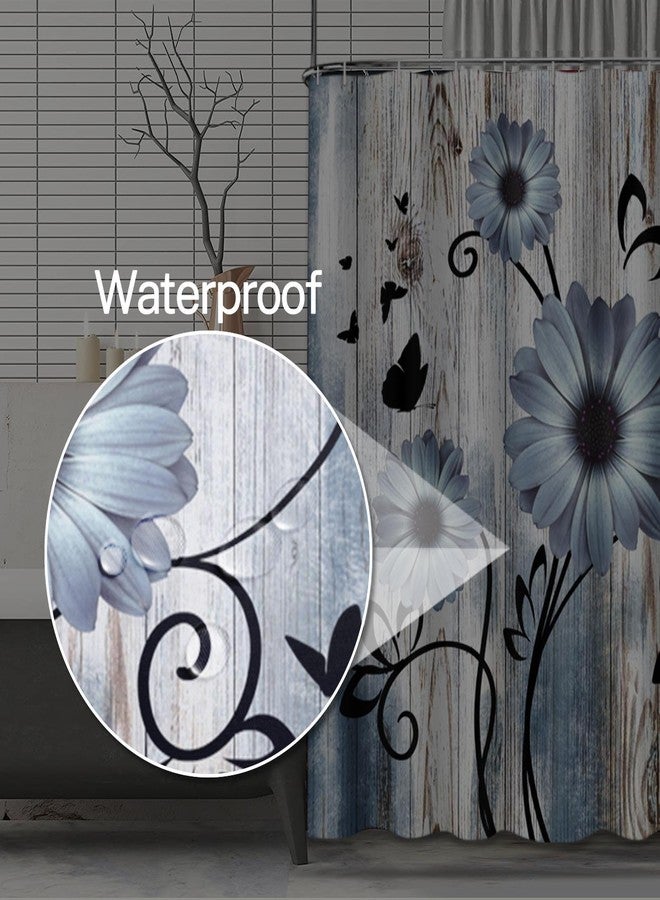 Emvency Shower Curtain Blue Grey Floral Rustic Farmhouse Wooden Boards Flower Butterfly Bathroom Home Decor Waterproof Polyester Fabric 72 x 72 inches Set with Hooks - Image 3