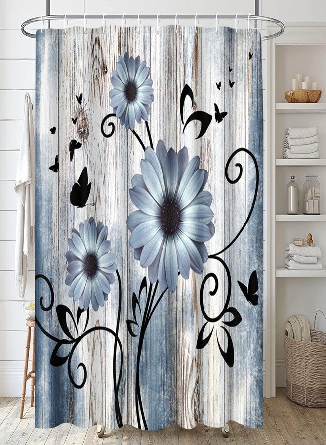Emvency Shower Curtain Blue Grey Floral Rustic Farmhouse Wooden Boards Flower Butterfly Bathroom Home Decor Waterproof Polyester Fabric 72 x 72 inches Set with Hooks - Image 5