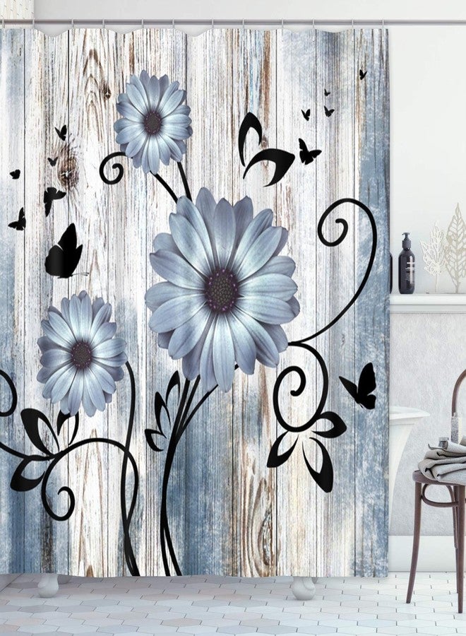 Emvency Shower Curtain Blue Grey Floral Rustic Farmhouse Wooden Boards Flower Butterfly Bathroom Home Decor Waterproof Polyester Fabric 72 x 72 inches Set with Hooks - Image 1