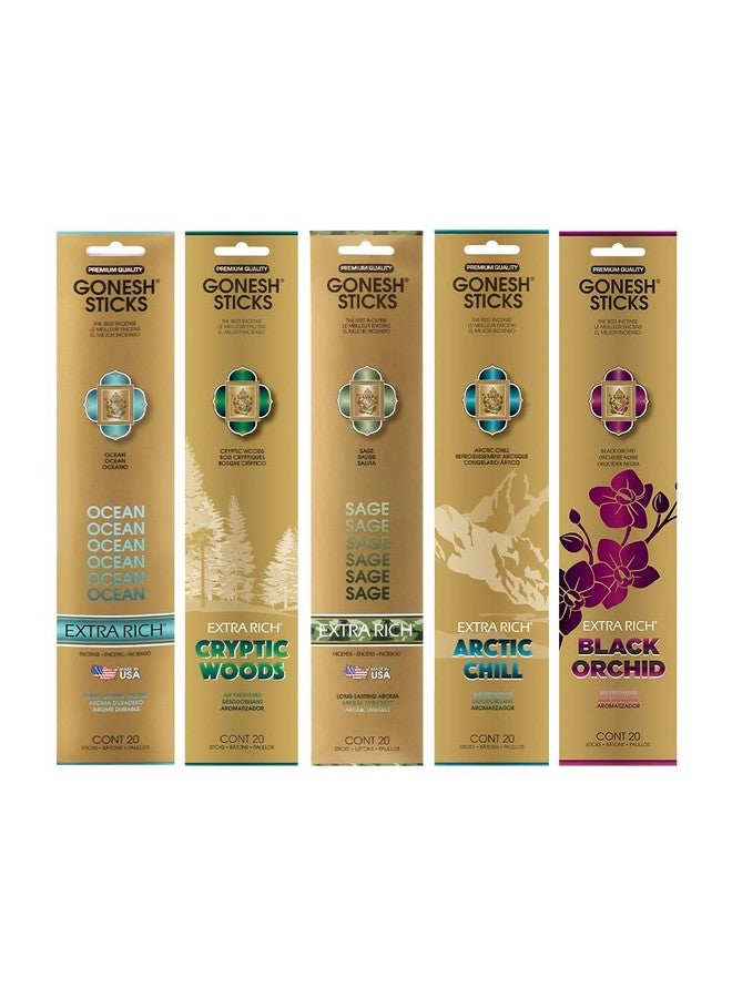 Gonesh - Extra Rich Scented Incense Sticks Variety Pack - Non-Toxic 10” Slow Burn Aromatic Sticks - Ocean, Cryptic Woods, Sage, Arctic Chill, Black Orchid - 5 Packs Of 20 Sticks - Image 1