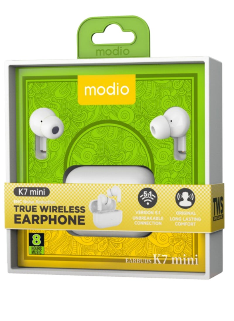 Modio K7 Mini Wireless Stereo Touch Sensor TWS Wireless Bluetooth Headset White With Case