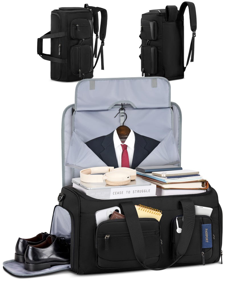 RAINSMORE Convertible Garment Bags for Travel, 45L Garment Duffle bag for Hanging Clothes, 3 in 1 Suit Travel Bag for Business Trips with Shoulder Strap, Carry On Suit Luggage for Men Women, Black - Image 1