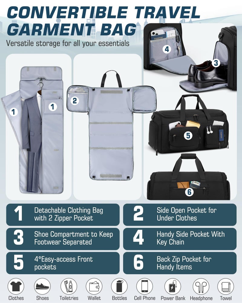 RAINSMORE Convertible Garment Bags for Travel, 45L Garment Duffle bag for Hanging Clothes, 3 in 1 Suit Travel Bag for Business Trips with Shoulder Strap, Carry On Suit Luggage for Men Women, Black - Image 4