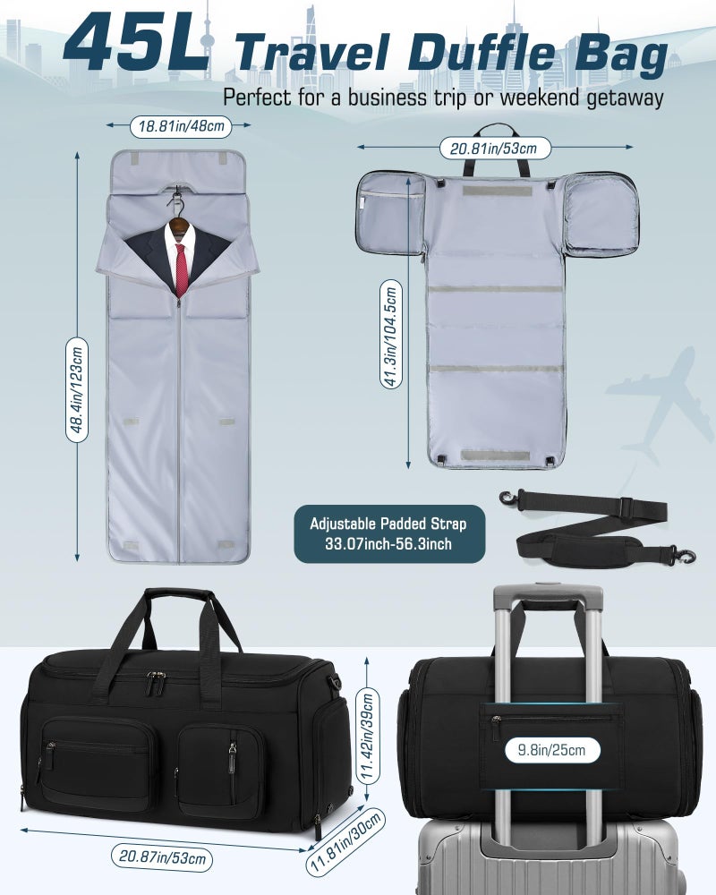 RAINSMORE Convertible Garment Bags for Travel, 45L Garment Duffle bag for Hanging Clothes, 3 in 1 Suit Travel Bag for Business Trips with Shoulder Strap, Carry On Suit Luggage for Men Women, Black - Image 5