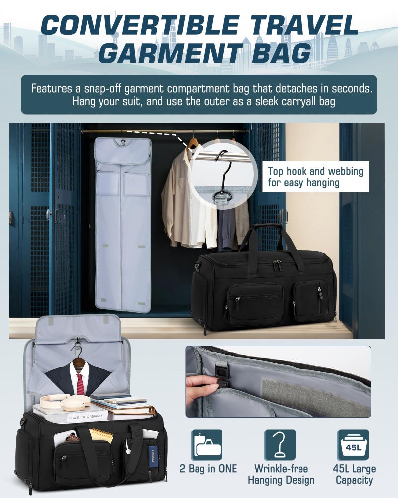 RAINSMORE Convertible Garment Bags for Travel, 45L Garment Duffle bag for Hanging Clothes, 3 in 1 Suit Travel Bag for Business Trips with Shoulder Strap, Carry On Suit Luggage for Men Women, Black - Image 2