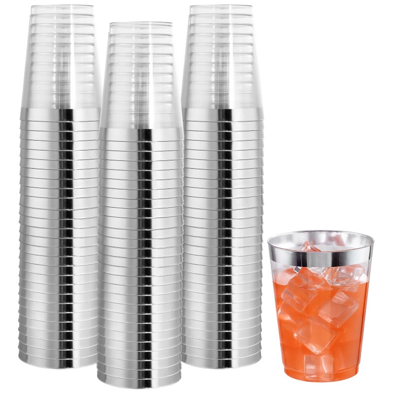 I00000 100PCs Silver Plastic Cups 10 oz Clear with Silver Trim HeavyDuty Disposable Hard Plastic Cups for Party  Wedding