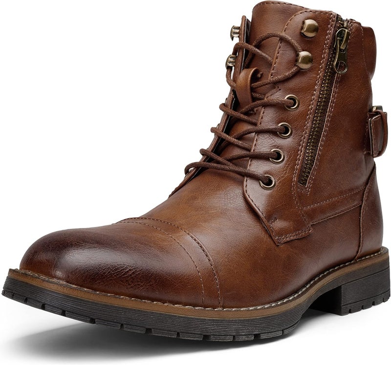 Vostey Men's Casual Motorcycle Combat Ankle Boots - Dark Brown - Image 1