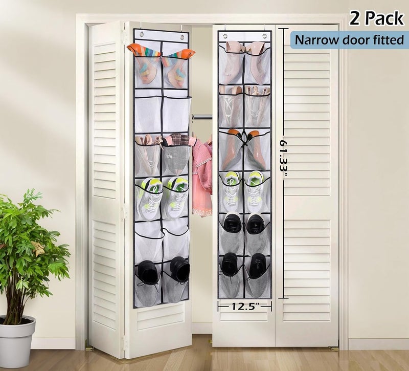 MISSLO Over The Door Shoe Organizer 12 Large Mesh Pockets Hanging Narrow Closet Door, White, 2 Pack - Image 2