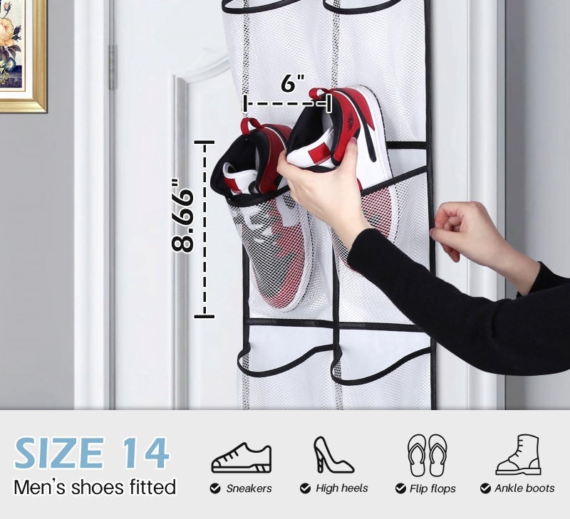 MISSLO Over The Door Shoe Organizer 12 Large Mesh Pockets Hanging Narrow Closet Door, White, 2 Pack - Image 3