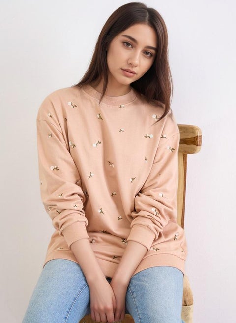 Styli Beige Regular Fit Longline Embroidered Sweatshirt