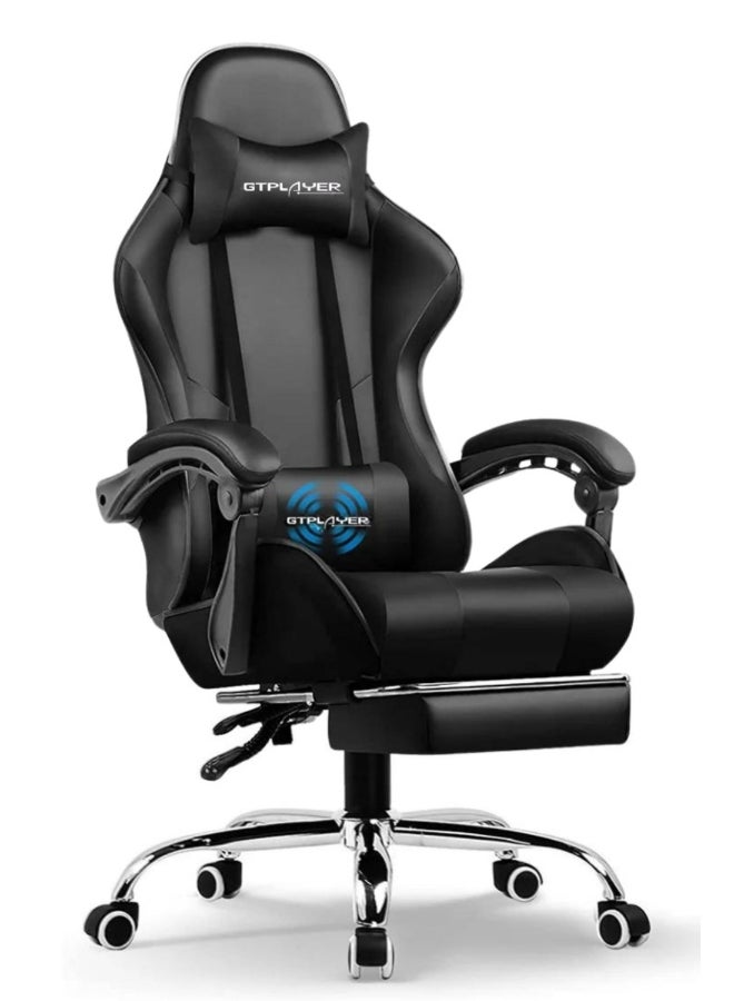 GTPLAYER #1USA Ergonomic Gaming Chair with USB Massage Cushion, Footrest & Armrests – PU Leather Computer Video Game Desk Chair with Adjustable Lumbar Support & Headrest for Gaming & Office (Black) Black - Image 1
