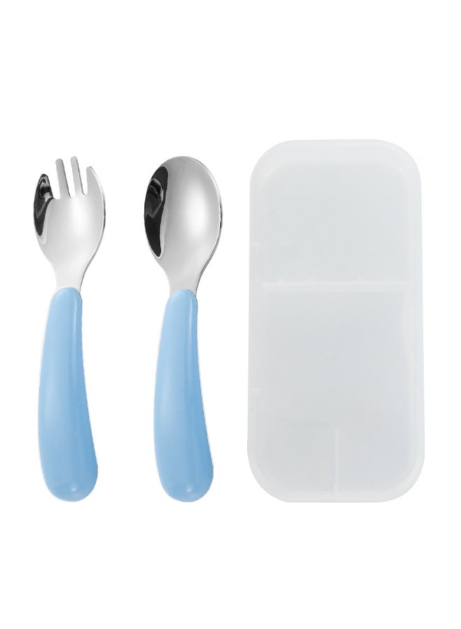 304 Stainless Steel Children's Cartoon Tableware Feeding Household Spoon Baby Food Supplement Tableware Spoon Fork Two-piece Set-Specifications:Blue Spoon Fork (including Portable Box And Color Box) - Image 1