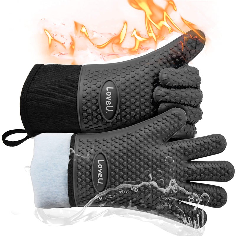 Loveuing Kitchen Oven Gloves  DualLayer Heat Resistant Grilling Gloves Silicone Oven Mitts with 5 Fingers Waterproof NonSlip Pot Holder for Barbecue Cooking Baking Black Long