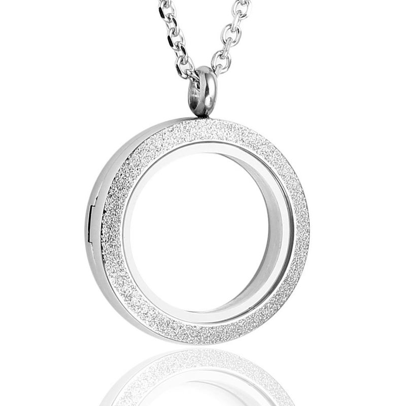 Jovivi 30mm 316 Stainless Steel Silver Matte Round Living Floating Charm Memory Locket Pendant Necklace - Image 1