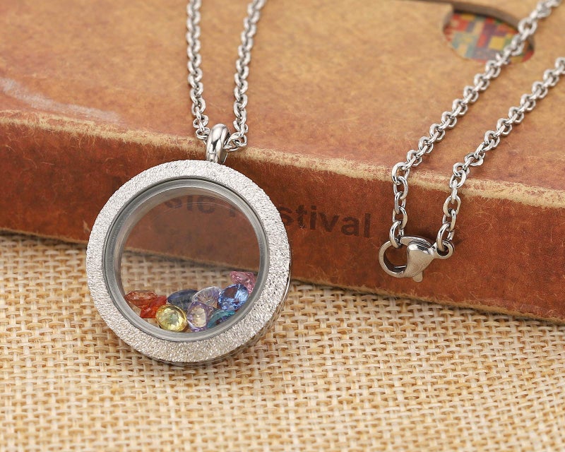 Jovivi 30mm 316 Stainless Steel Silver Matte Round Living Floating Charm Memory Locket Pendant Necklace - Image 2