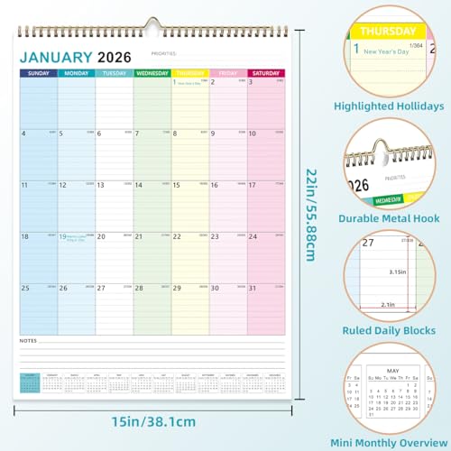 Dayvorax 2026-2027 Wall Calendar - Wall Calendar 2026-2027 from Jan 2026 to Jun 2027, 22" x 17", Extra Large Calendar with Thick Paper, Large Ruled Blocks - Image 3