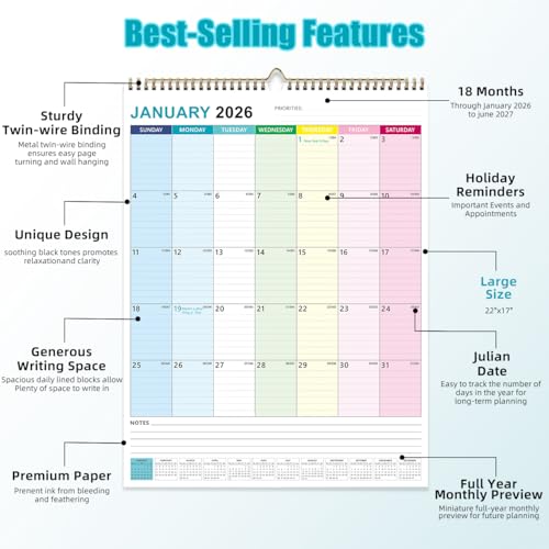 Dayvorax 2026-2027 Wall Calendar - Wall Calendar 2026-2027 from Jan 2026 to Jun 2027, 22" x 17", Extra Large Calendar with Thick Paper, Large Ruled Blocks - Image 4