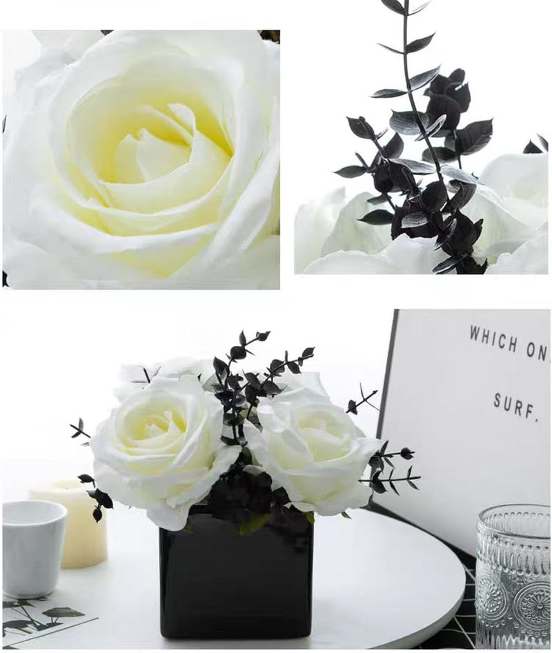 LADADA Artificial Flowers with Small Ceramic Vases, Roses in Vases Plastic Artificial Flowers and Plants,Used for Home Office Wedding Decoration, Table Decoration(White+Black) - Image 4
