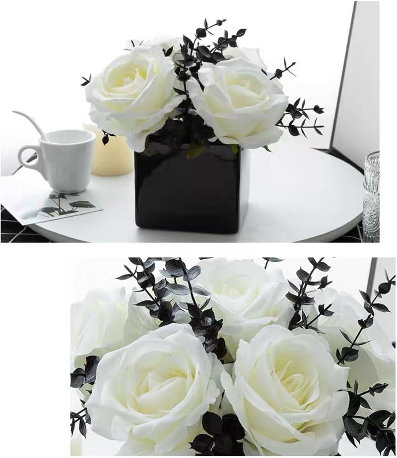 LADADA Artificial Flowers with Small Ceramic Vases, Roses in Vases Plastic Artificial Flowers and Plants,Used for Home Office Wedding Decoration, Table Decoration(White+Black) - Image 3