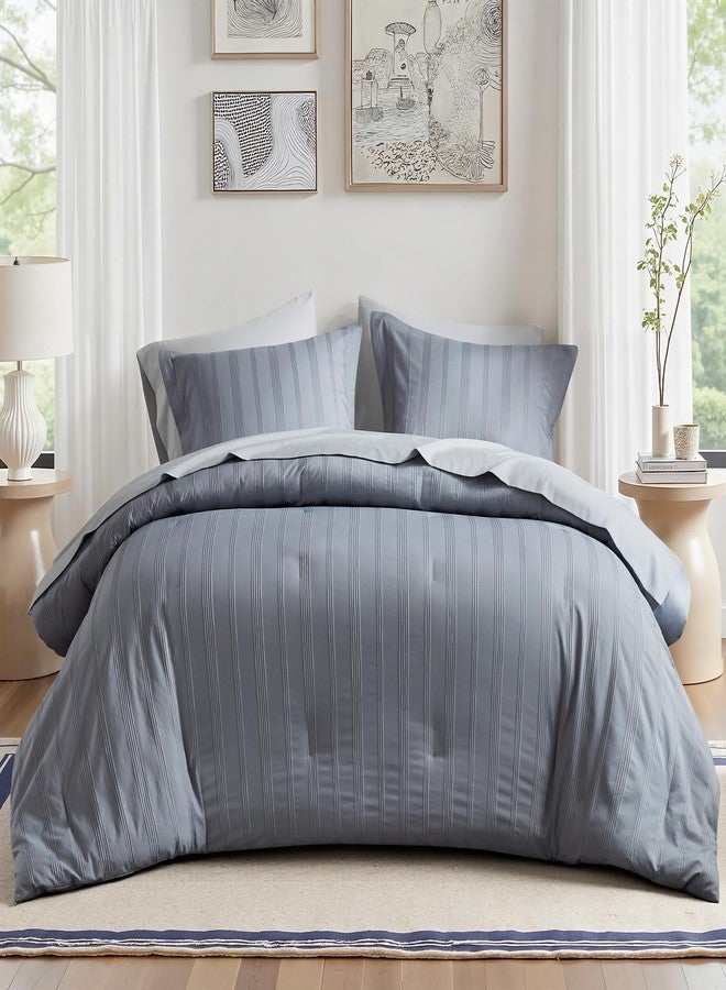 Madison Park Essentials 7 Pieces Stripe King Comforter Set Modern Minimalist Bed in A Bag with Complete Sheet Set and Pillowcase, Grey Woven Stripe & Ultra-Soft Brushed Microfiber Reverse, King - Image 1