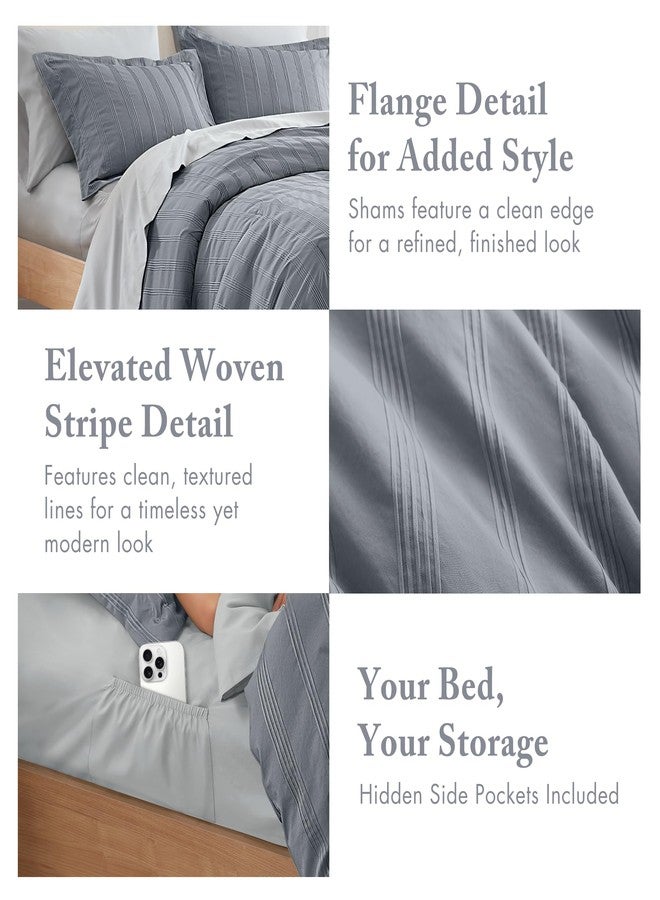 Madison Park Essentials 7 Pieces Stripe King Comforter Set Modern Minimalist Bed in A Bag with Complete Sheet Set and Pillowcase, Grey Woven Stripe & Ultra-Soft Brushed Microfiber Reverse, King - Image 4