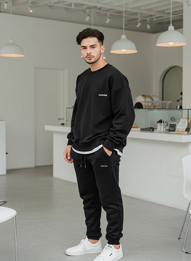 trendyol Black Oversize/Wide Cut Text Printed Warm Sweatshirt Tracksuit TMNAW24EM00004 - Image 1