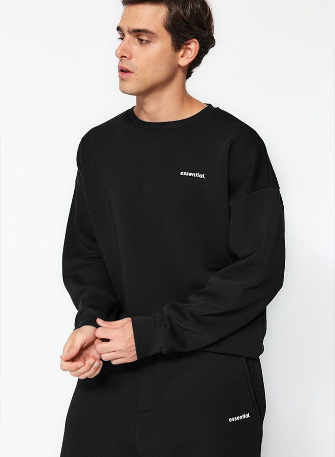 trendyol Black Oversize/Wide Cut Text Printed Warm Sweatshirt Tracksuit TMNAW24EM00004 - Image 4