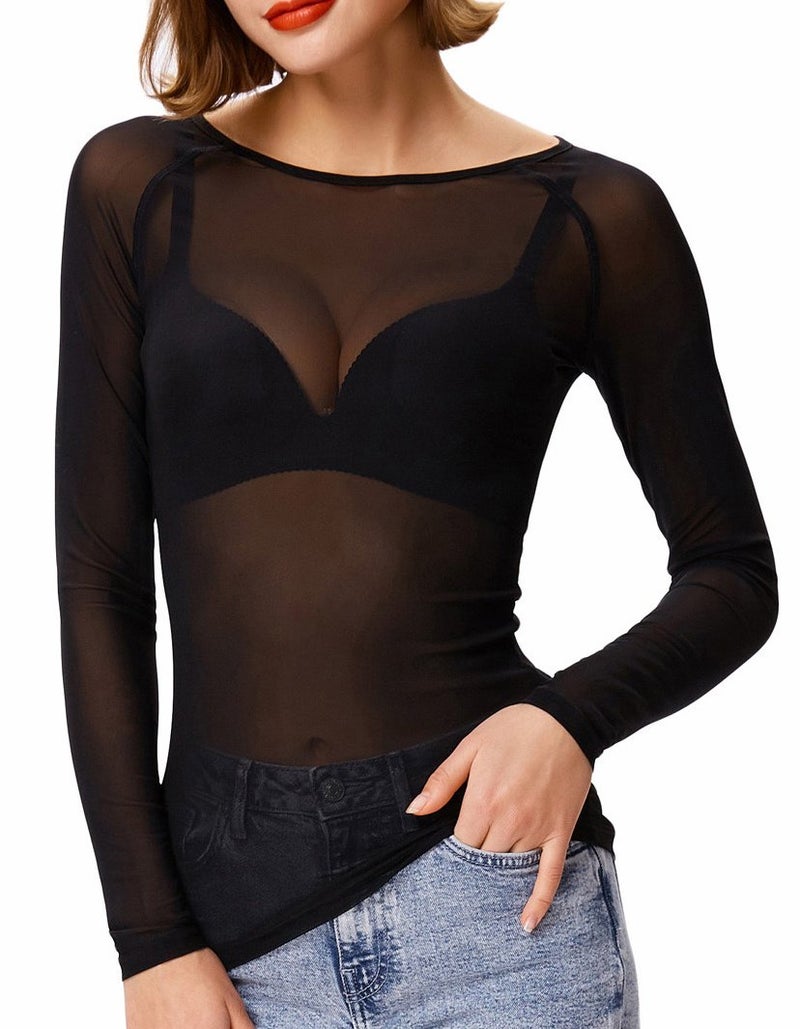 Kate Kasin Womens Crew Neck Mesh Top, Long Sleeve Sheer Tops, Basic See Through Blouse Layering Black L - Image 1