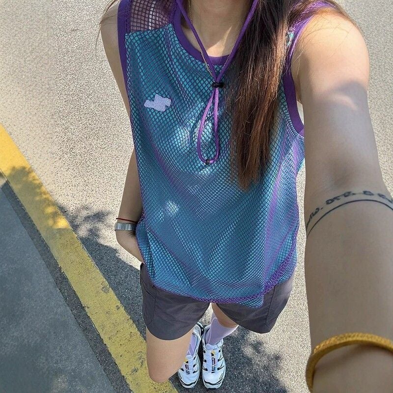 Women's Oversized Sleeveless Tank Top Quick-Dry Patchwork Cutout T-Shirt - Image 3