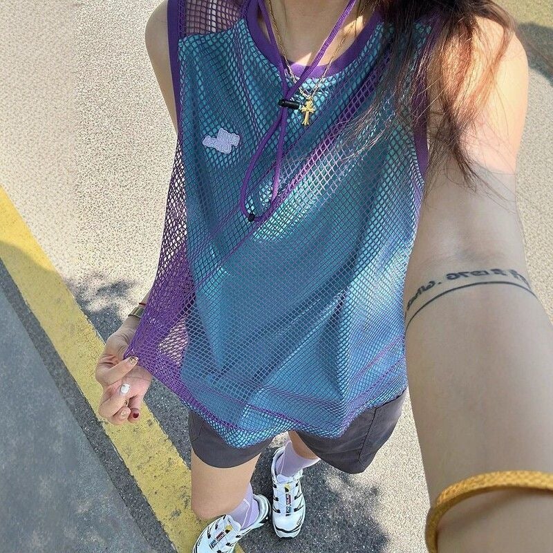 Women's Oversized Sleeveless Tank Top Quick-Dry Patchwork Cutout T-Shirt - Image 2