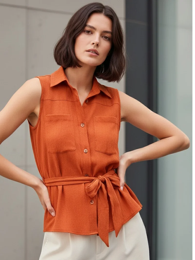 OUTZIDR Rust Sleeveless Shirt With Pocket And Tie Up Detail