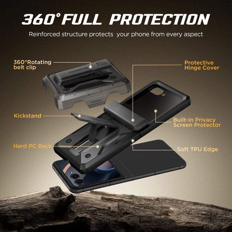 TONGATE for Motorola Razr 2025/Razr 2024 Case with Privacy Screen Protector, [Stand & Belt-Clip] [Hinge Protection Cover] [Anti-Slip], Full-Body Military Grade Protective Phone Case, Black - Image 4