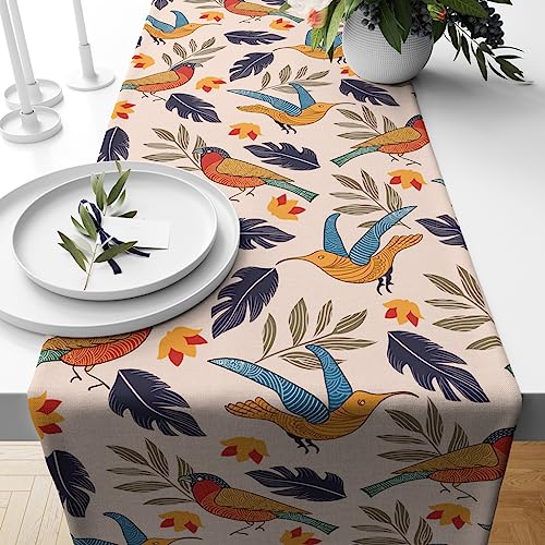 Astitva Cotton Table Runner – 13 x 45 Inches | 4-Seater Washable Dining Table, Centre Table, Wedding & Party Decor - Chirpy Bird Print, Multicolor - Image 1