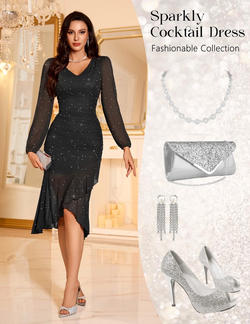 DRESSTELLS Sparkly Wedding Guest Dresses, Sequin Cocktail Tea Party Formal Evening Gown Gala Mother of Bride Bridesmaid Prom Long Sleeve Ruched Mesh Bodycon Dress, 2026 Spring, Black M - Image 2
