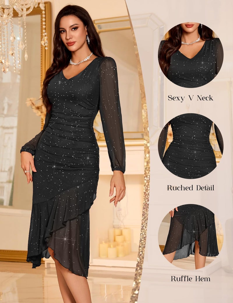 DRESSTELLS Sparkly Wedding Guest Dresses, Sequin Cocktail Tea Party Formal Evening Gown Gala Mother of Bride Bridesmaid Prom Long Sleeve Ruched Mesh Bodycon Dress, 2026 Spring, Black M - Image 5