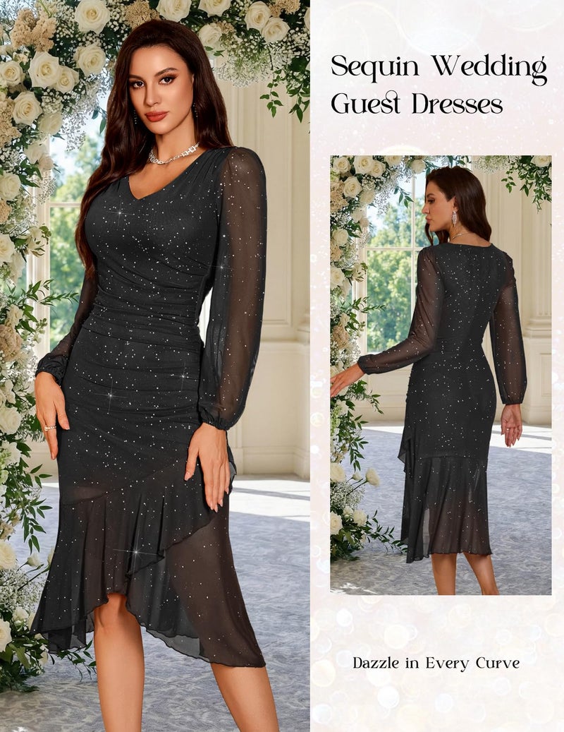 DRESSTELLS Sparkly Wedding Guest Dresses, Sequin Cocktail Tea Party Formal Evening Gown Gala Mother of Bride Bridesmaid Prom Long Sleeve Ruched Mesh Bodycon Dress, 2026 Spring, Black M - Image 3