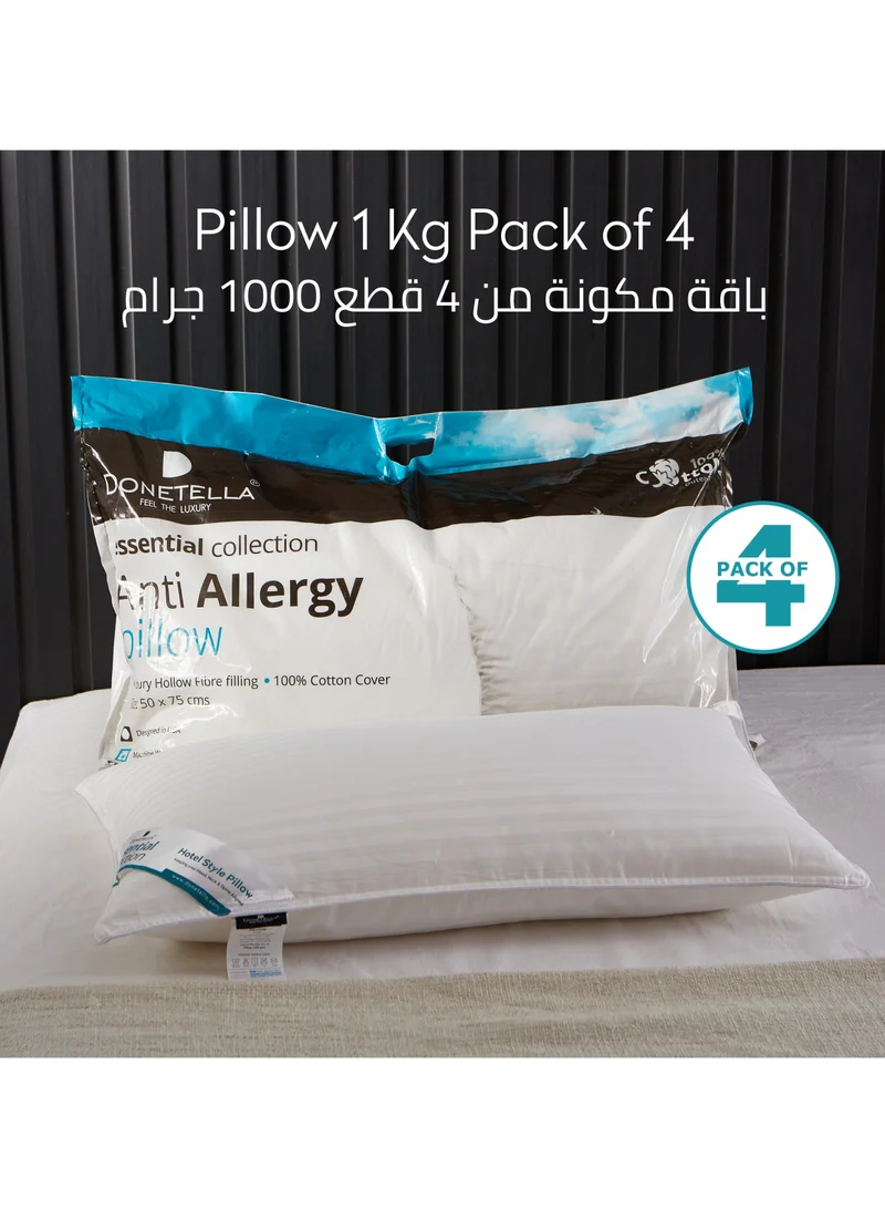 Donetella Cotton Pillow, Hotel Style, 1200 Gms, 4 Pieces, Size 50x75 cm, Cotton, Satin Stripes, Double Edge Stitched Premium Gel Fiber, Soft & Plush Bed Pillow