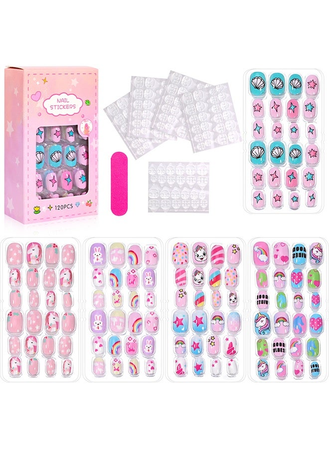 DOUBORQ Nail Stickers —False Nails Multicolour,120Pcs 5 Days Cute Design Nail Tips for Children Press On False Nails Set Manicure DIY,#7 - Image 1