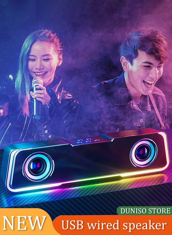Computer Speaker, Support Both Bluetooth Connection and USB Wired , LED Rainbow Lights, Surround Stereo Subwoofer, 3 Music Modes, Suitable for Laptops, Tablets and Mobile Phones,Black 