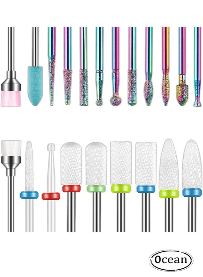 JS 21 Pcs Nail Drill Bits Sets, 3/32 Inch Cuticle Electric Nail File and Ceramic Acrylic Gel Nail Bit Kit, Acrylic Nail Art Tools, Carbide Cuticle Remover Bits for Manicure Pedicure, Home Salon - Image 1