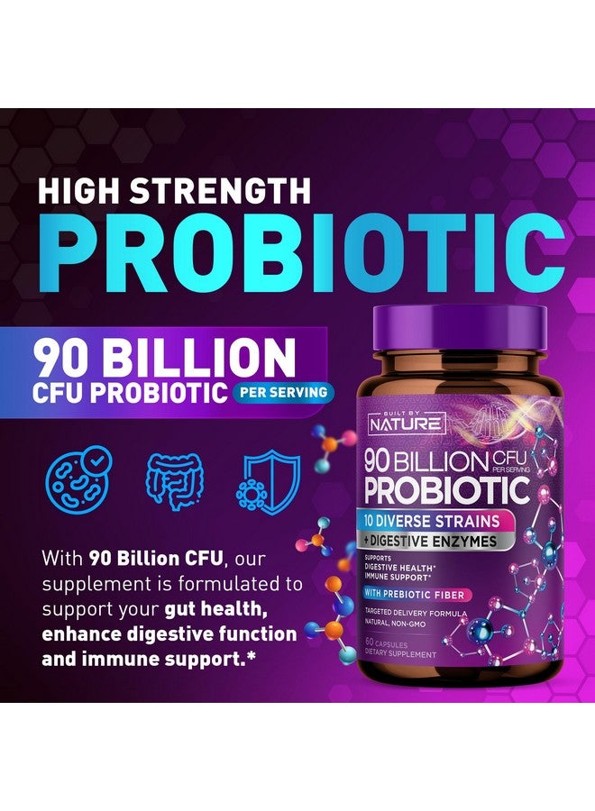Built By Nature 90 مليار CFU بروبيوتيك - مكمل صحي للهضم يوميًا للرجال والنساء - لاكتوباسيلس أسيدوفيلوس، بيفيدوبكتيريوم وبريبايوتيك - خالي من الكائنات المعدلة وراثيًا، خالي من الجلوتين والألبان، مستقر على الرف - 60 كبسولة - Image 3