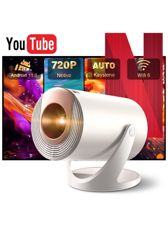 جهاز عرض ذكي صغير بنظام أندرويد 11، بدقة أصلية 720P ويدعم 4K، قادر على الدوران 210° مع تصحيح تلقائي لمستطيل الشكل، جهاز عرض محمول مع WiFi 6، شاشة كبيرة بحجم 200 بوصة، يحتوي على تطبيقات YouTube وNetflix وHulu، جهاز عرض منزلي 150 ANSI مناسب للاستخدام على سقف غرفة النوم - Image 1