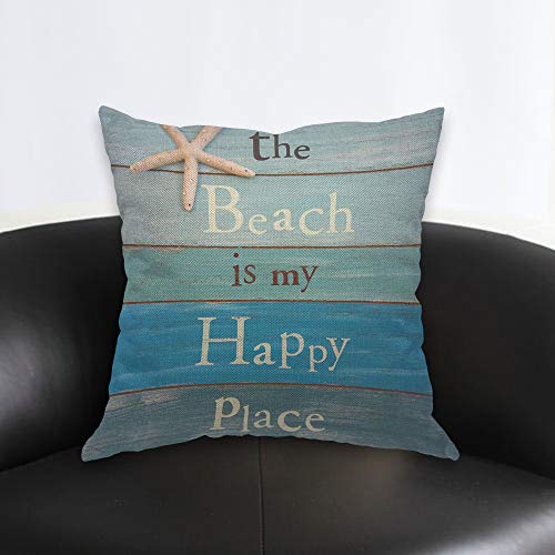 AOYEGO The Beach is My Happy Place Phrase Throw Pillow Cover Starfish Wooden Board Backdrop Funny Quote Pillow Case 18x18 Inch Decorative Men Women Room Cushion Cover for Home Couch Bed - Image 2