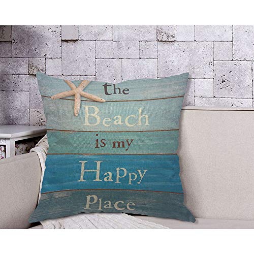 AOYEGO The Beach is My Happy Place Phrase Throw Pillow Cover Starfish Wooden Board Backdrop Funny Quote Pillow Case 18x18 Inch Decorative Men Women Room Cushion Cover for Home Couch Bed - Image 4