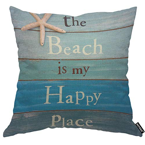 AOYEGO The Beach is My Happy Place Phrase Throw Pillow Cover Starfish Wooden Board Backdrop Funny Quote Pillow Case 18x18 Inch Decorative Men Women Room Cushion Cover for Home Couch Bed - Image 1