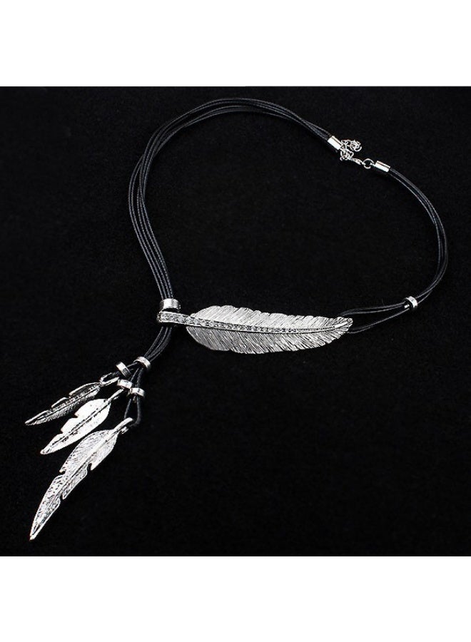 NIBEMINENT Feather Leaf Multi-Layered Tassel Necklace with Rhinestones
