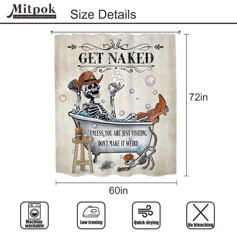 Mitpok Western Cowboy Skull Skeleton Shower Curtain Funny Cool Texas Gothic Spooky Unique Mexican Bone in Bathtub Bubbles Retro Helloween Bathroom Decor Cat 60Wx72H Bath Curtain Polyester 12 Pack Hook - Image 3