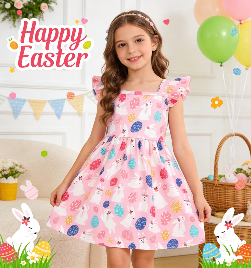 Popshion Easter Dresses for Girls Sleeveless Clothes Toddler Eggs Outfit Flutter Sleeve Rabbit Sundress Summer Kids Pink Easter Bunny Dress 3t / 2-3 Years - Image 2
